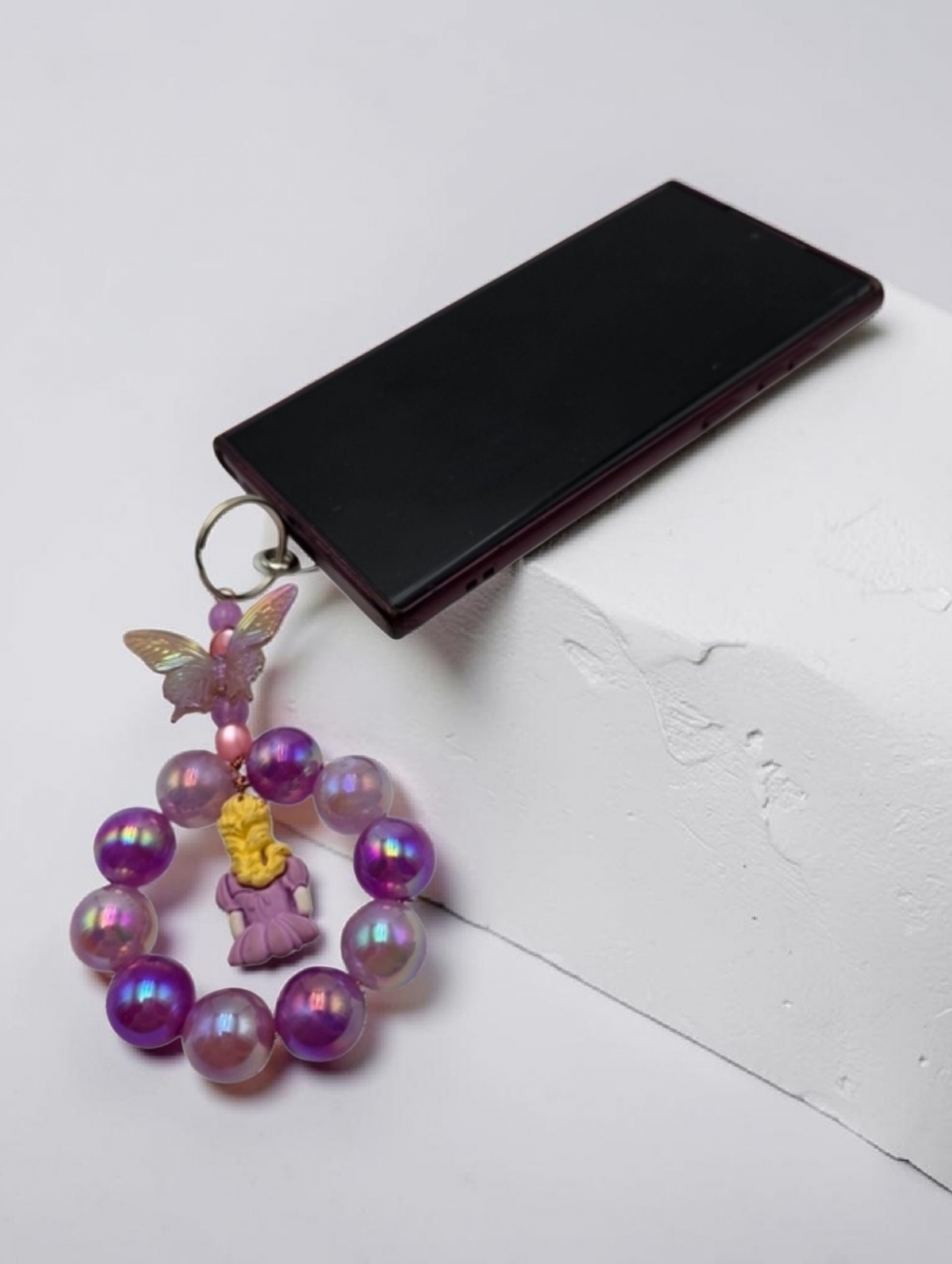 Handmade Purple & Pink Beaded Phone Charm w/ Butterfly Accent